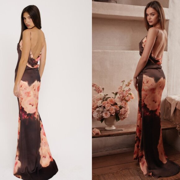 House of CB 'Mariamma' Dark Brown Floral Printed Satin Maxi Dress NWOT - Picture 1 of 11